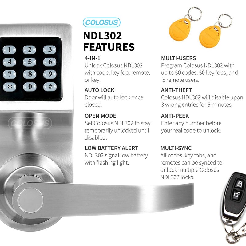 COLOSUS Electronic Smart Door Lock, Keyless Entry with Keypad, Key Fobs, Remote Control, Keys for Home, Office or Commercial, Silver NDL302 - Image 3